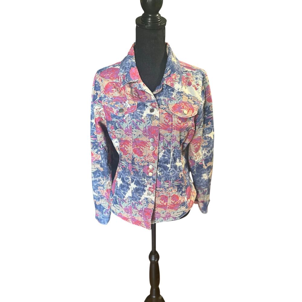 LAL Live A Little Floral Denim Shirt Jacket Button Front Pink Blue